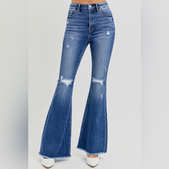 RISEN Full Size High Rise Distressed Raw Hem Flare Jeans - Picture 7 of 7